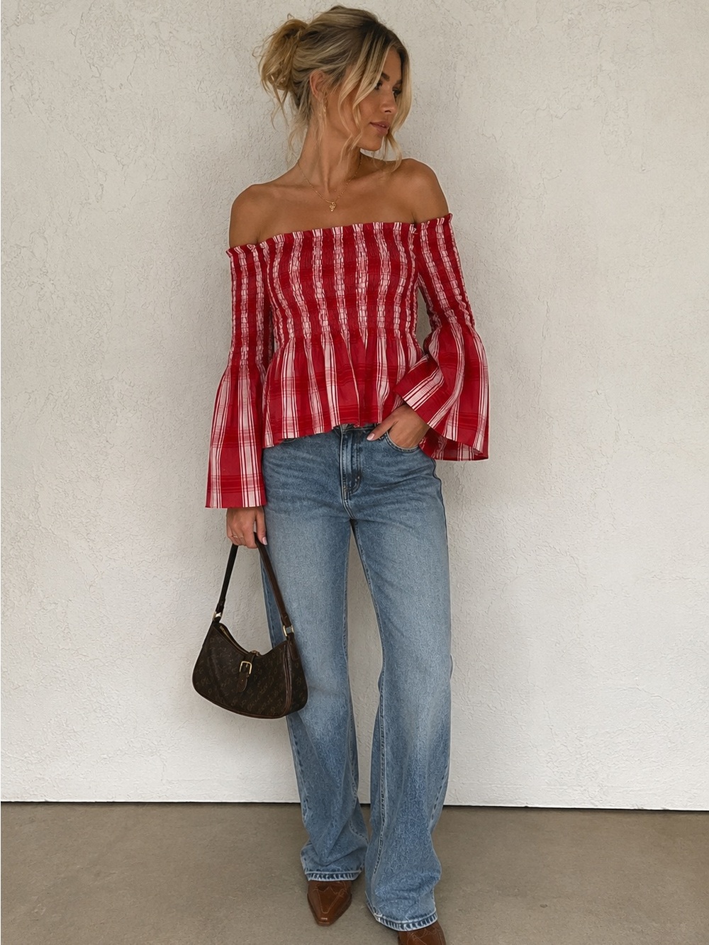 Zara Red and White Smocked Plaid Off-Shoulder Top